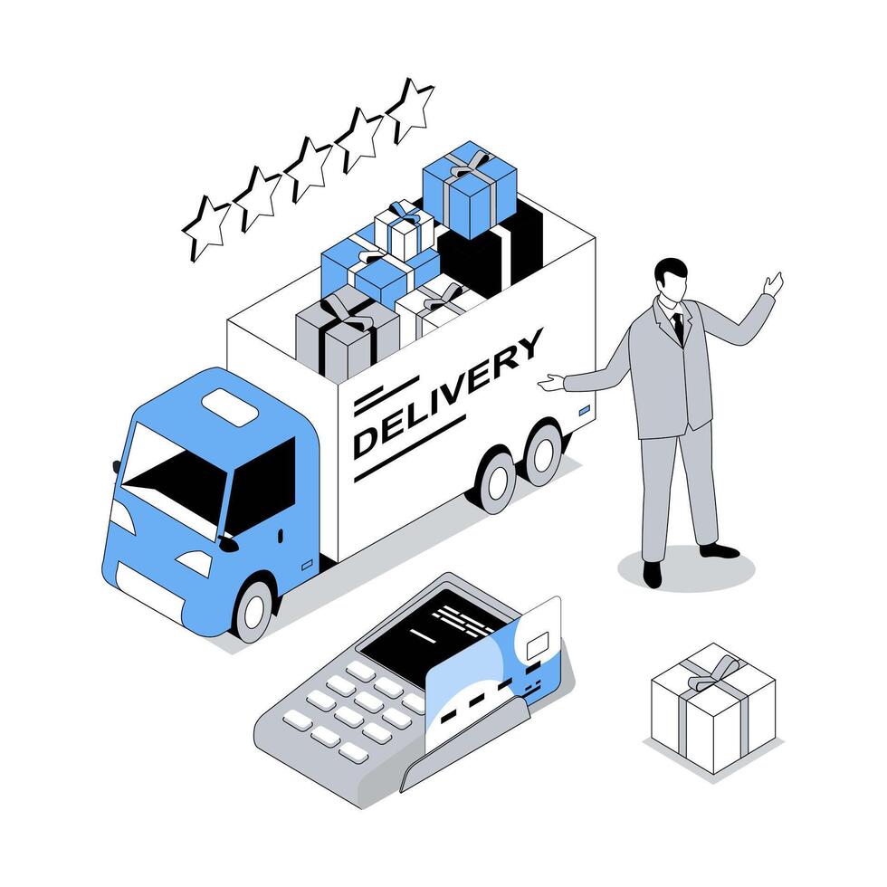 Delivery service 3d isometric concept with isometry people design for web. Client making online shopping in global internet stores, ordering gifts and using truck shipping. illustration vector