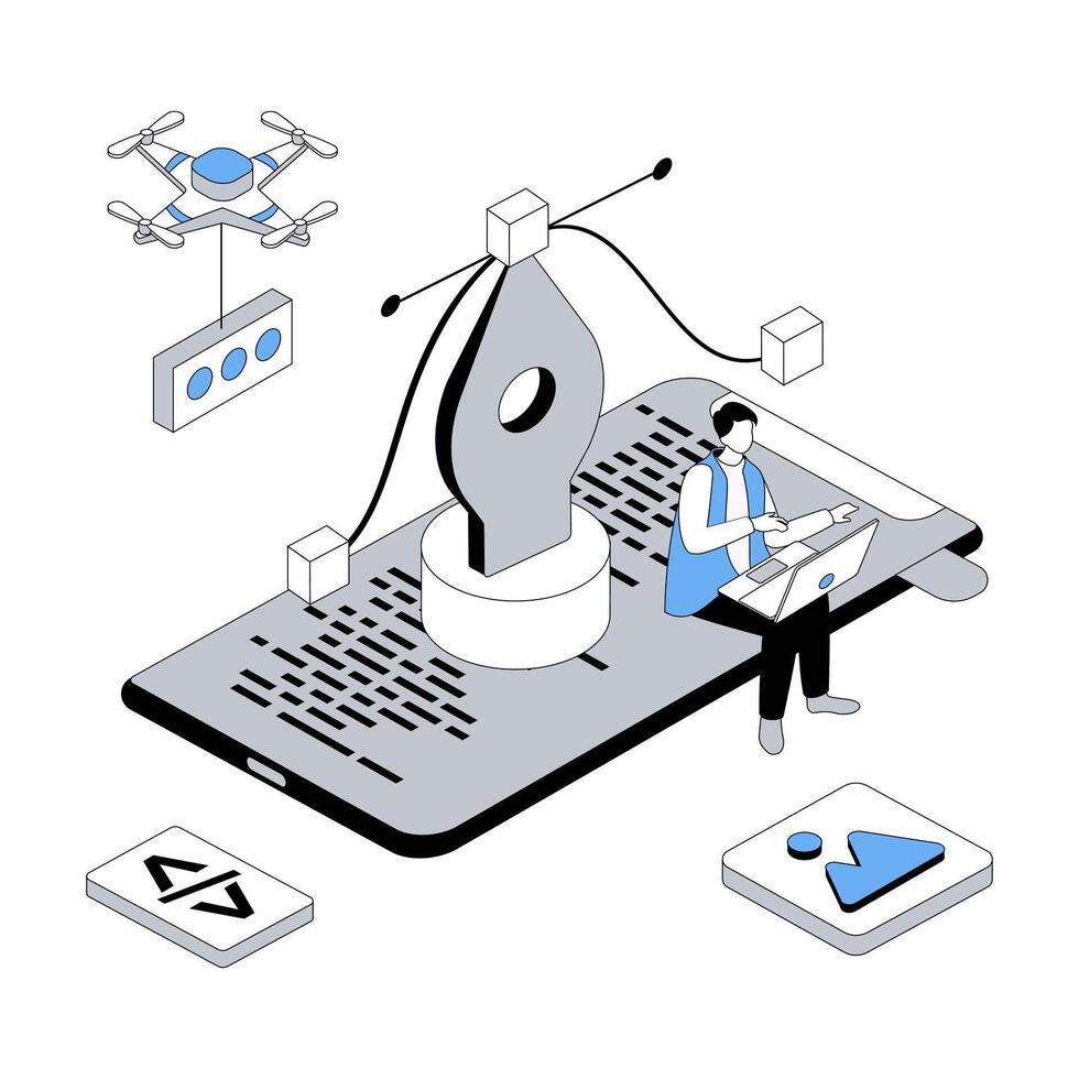 Designer studio 3d isometric concept with isometry people design for web. Visual artist drawing digital content, coding and programming application, working with inspiration. illustration vector