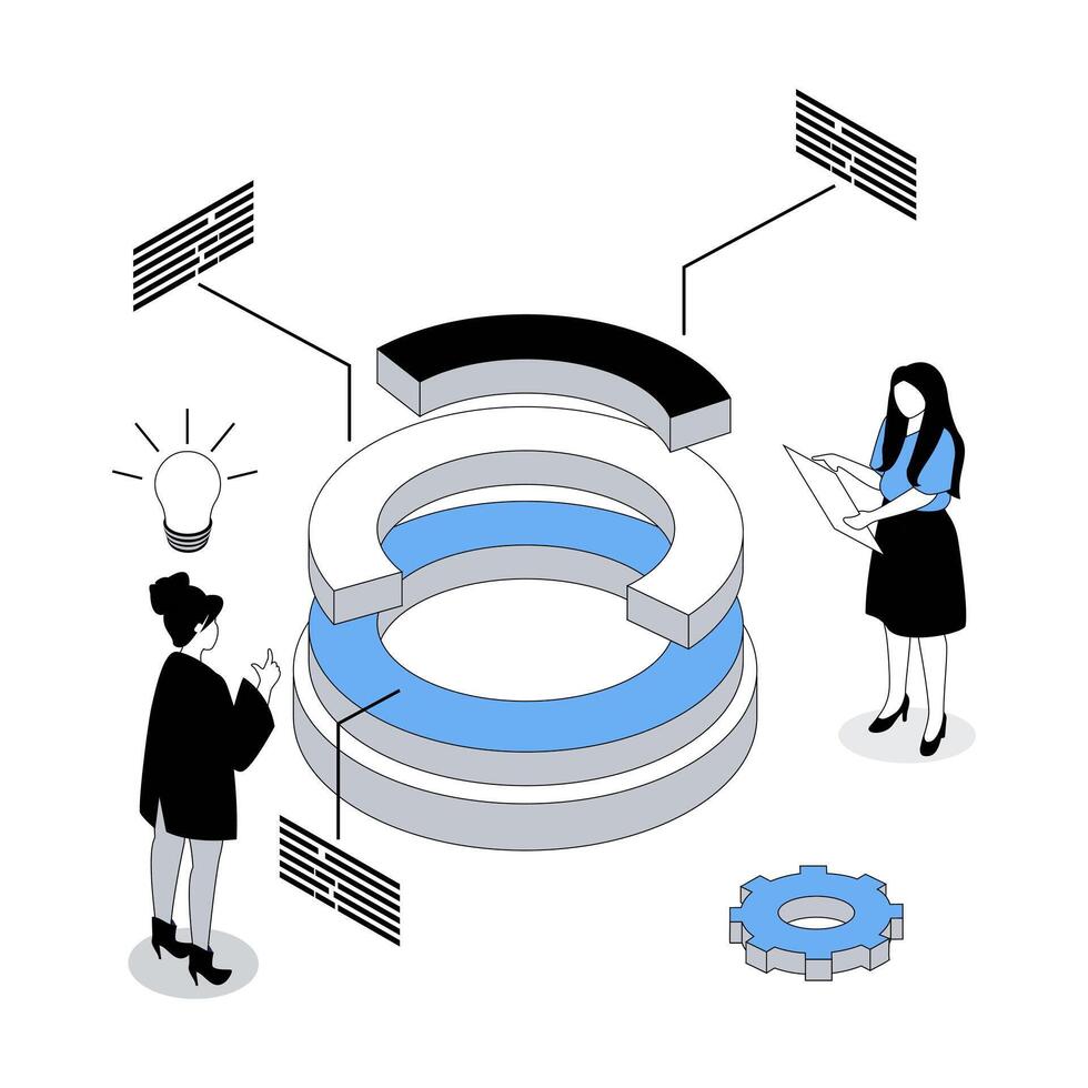 Data analysis 3d isometric concept with isometry people design for web. Team calculating datum, working with diagram graphs, learning and monitoring statistic chart and report. illustration vector