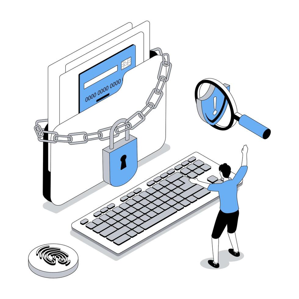 Cyber security 3d isometric concept with isometry people design for web. Man using password lock access, protection technology on computer, safety system for confidential document. illustration vector