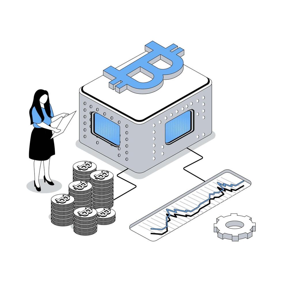 Cryptocurrency 3d isometric concept with isometry people design for web. Woman trading digital money at virtual platform and crypto market, mining coins with blockchain technology. illustration vector