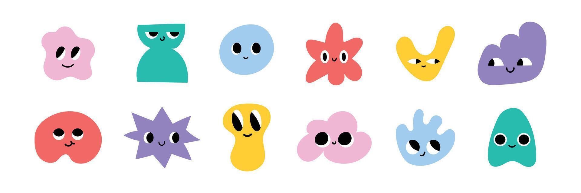 Cute abstract character set with funny faces. Funny colorful blobs with smiling emotions. Playful emoji collection for kids, design, apps, stickers. illustration isolated on white background. vector