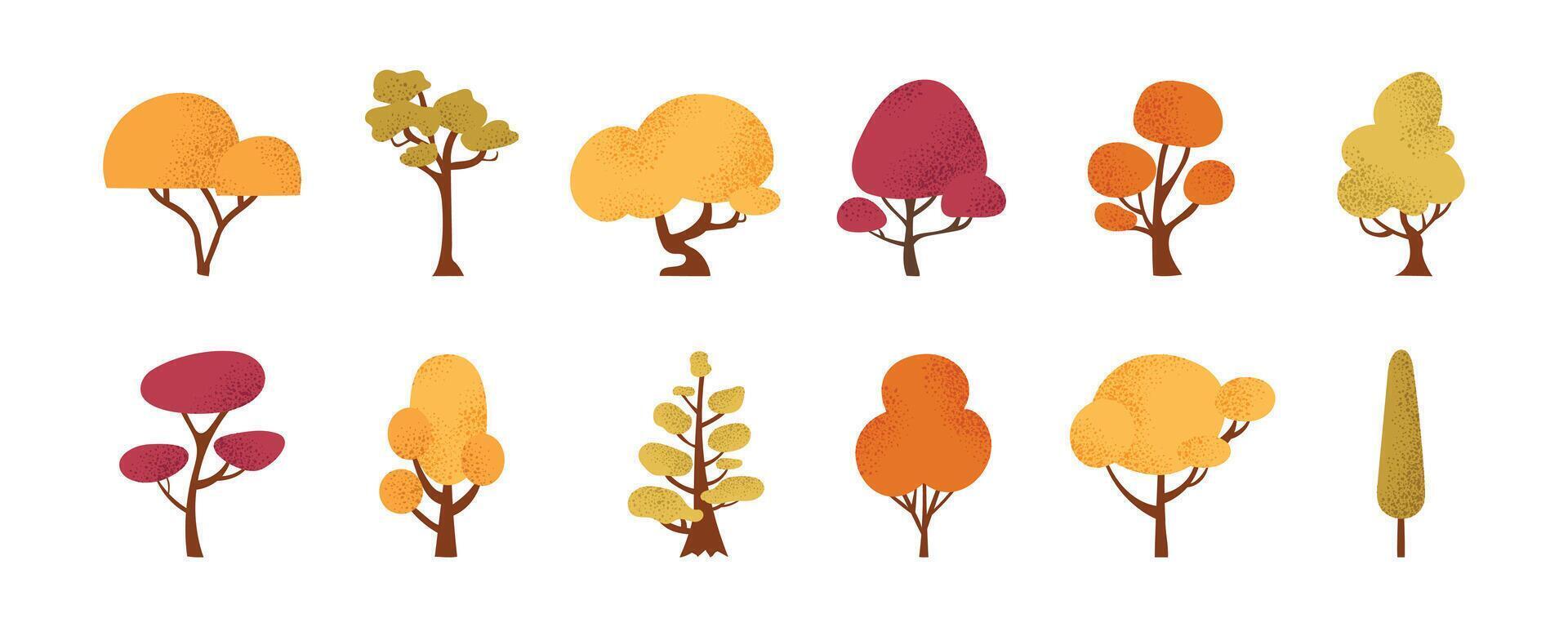 Collection of fall trees on white background. Set of minimalistic trees with different crowns. Elements of nature to create a landscape. Flat illustration on white background. vector