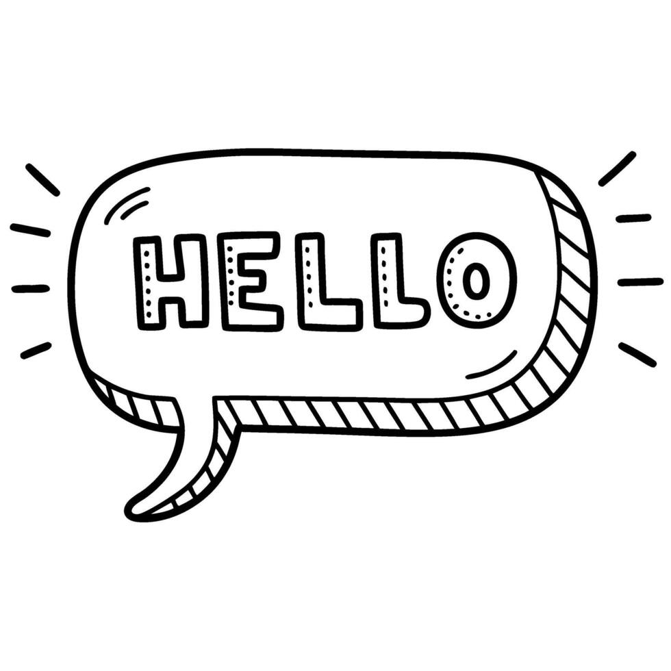 Hello word in speech bubble, black outline doodle, simple greeting, friendly communication and conversation symbol vector