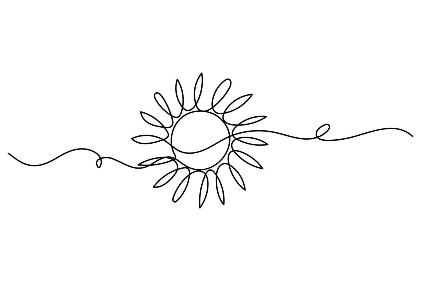 Continuous one line drawing of summer sun with rays in minimal warm outline style vector