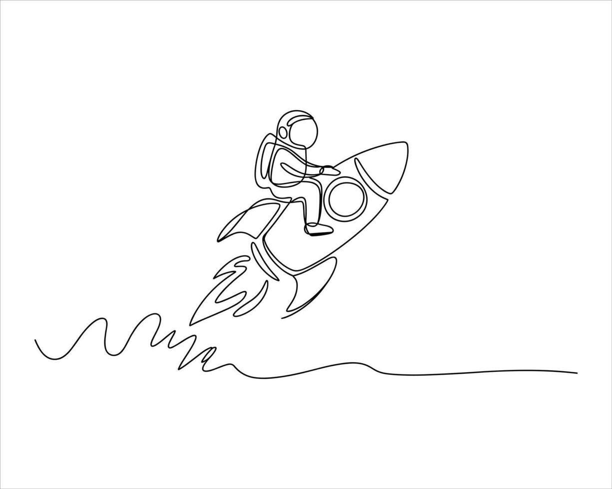 Astronaut riding a rocket ship in a continuous line drawing vector