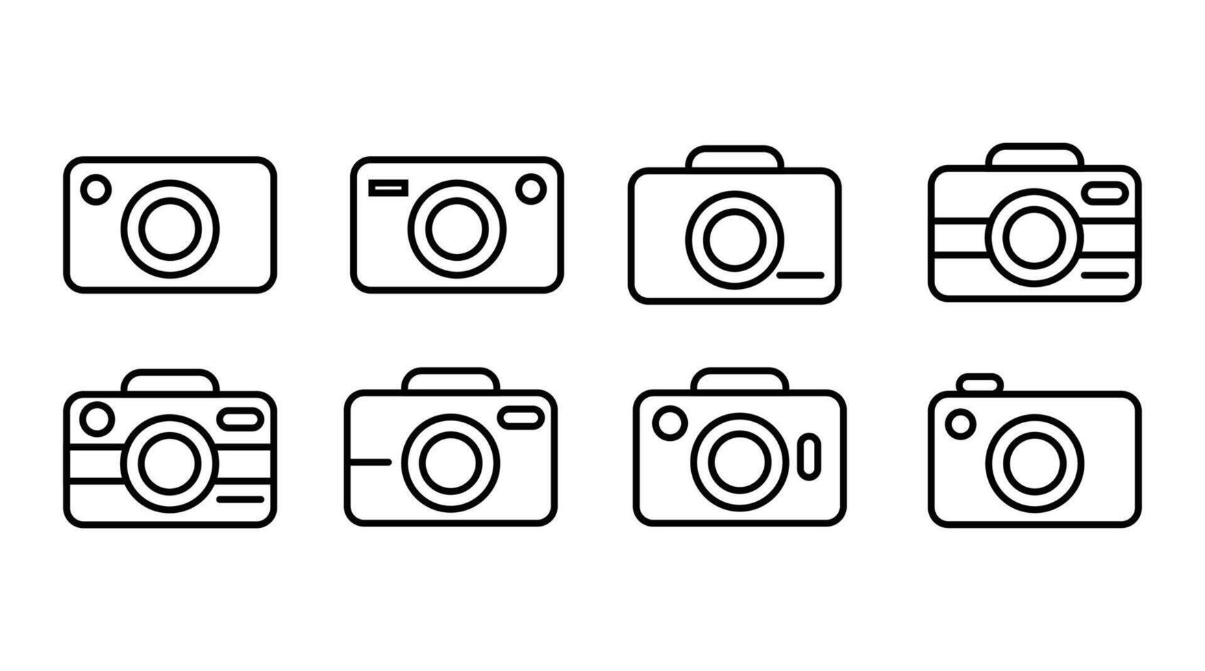 Minimalist black outline camera icons. Ideal for clean interface designs, websites, and digital tools needing elegant, simple photography-related visuals. vector