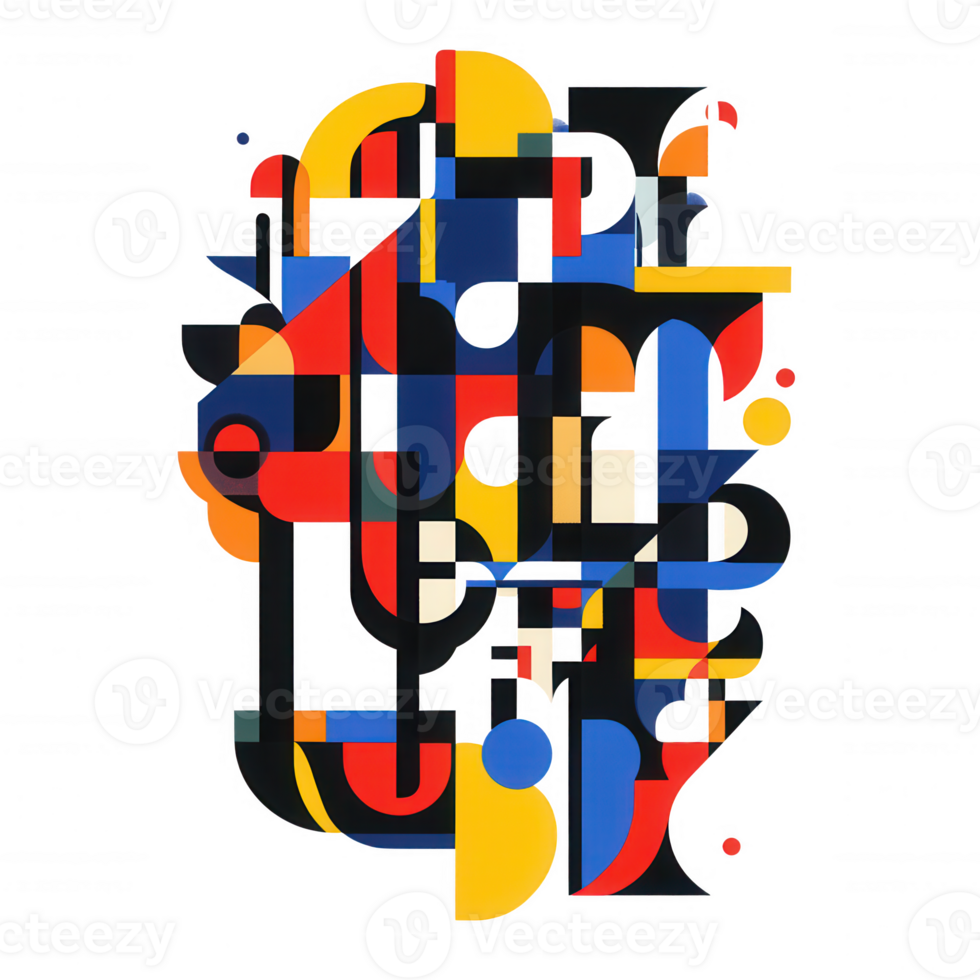 Bold and colorful abstract composition featuring geometric shapes and letters in modern design. vibrant colors create dynamic visual impact, evoking creativity and artistic expression png