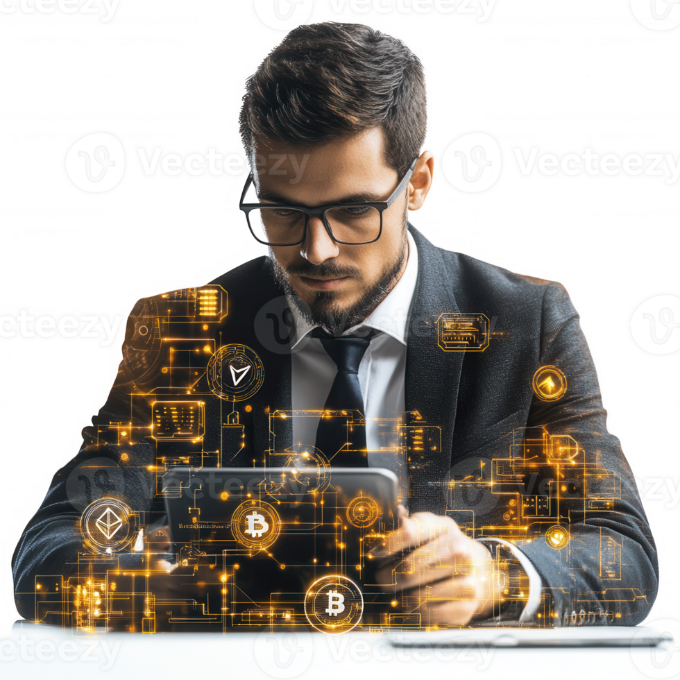 businessman analyzing blockchain transactions with futuristic technology, showcasing digital currencies and data visualization. scene conveys innovation and financial insight png