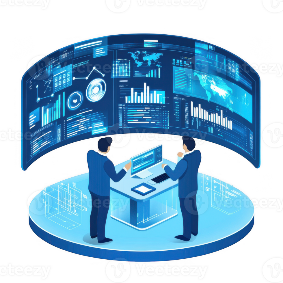 Business executives analyzing data on digital screens, showcasing advanced analytics and AI technology for decision making and strategy development png