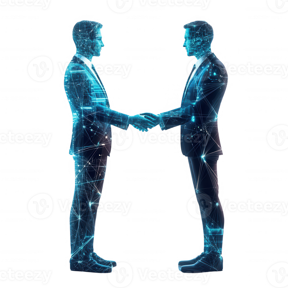 Digital business negotiation between two high tech figures, symbolizing collaboration and innovation in futuristic environment. handshake represents trust and partnership in digital age png