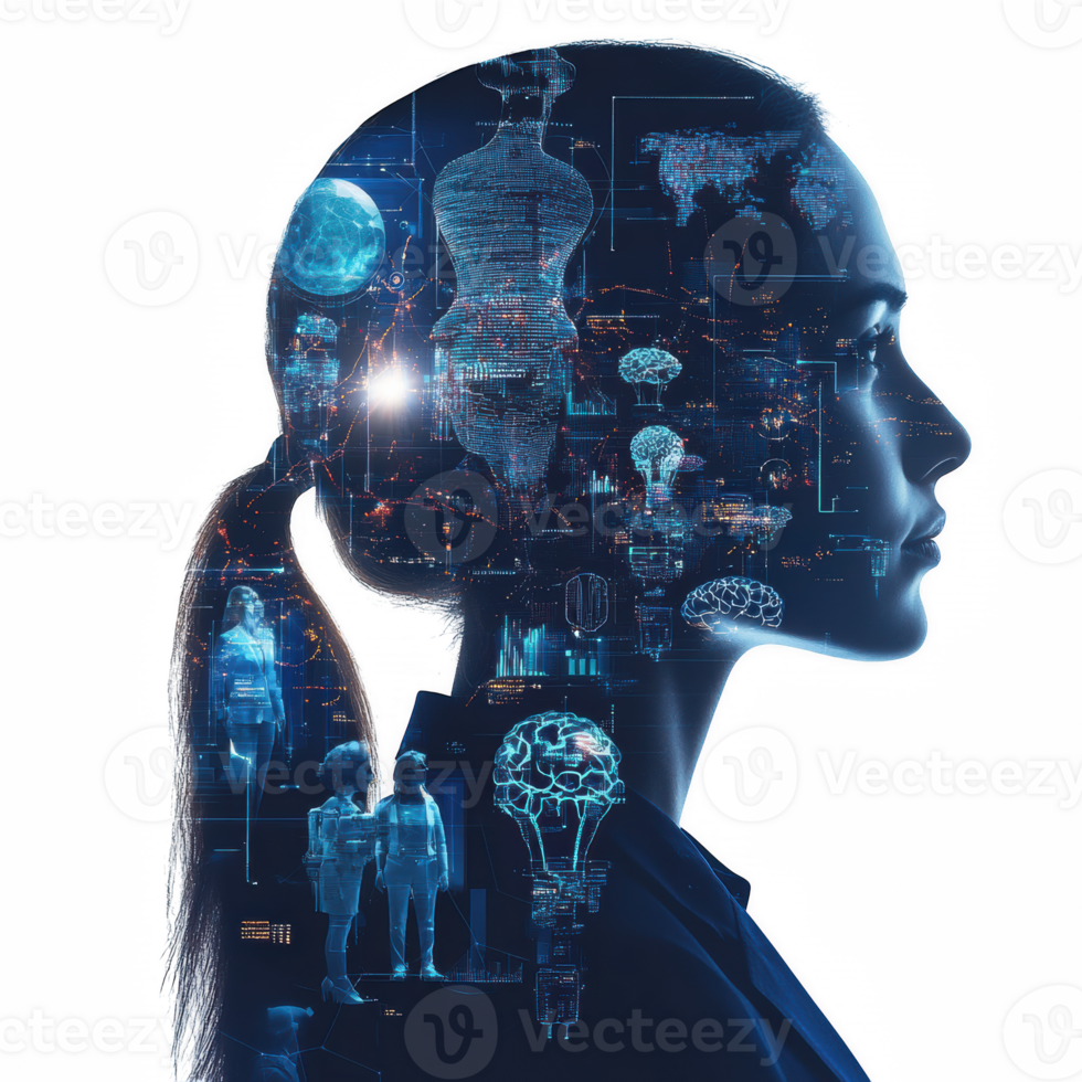 Innovative digital art showcasing human silhouette filled with futuristic technology, AI elements, and data visualizations, symbolizing integration of human intelligence and artificial png