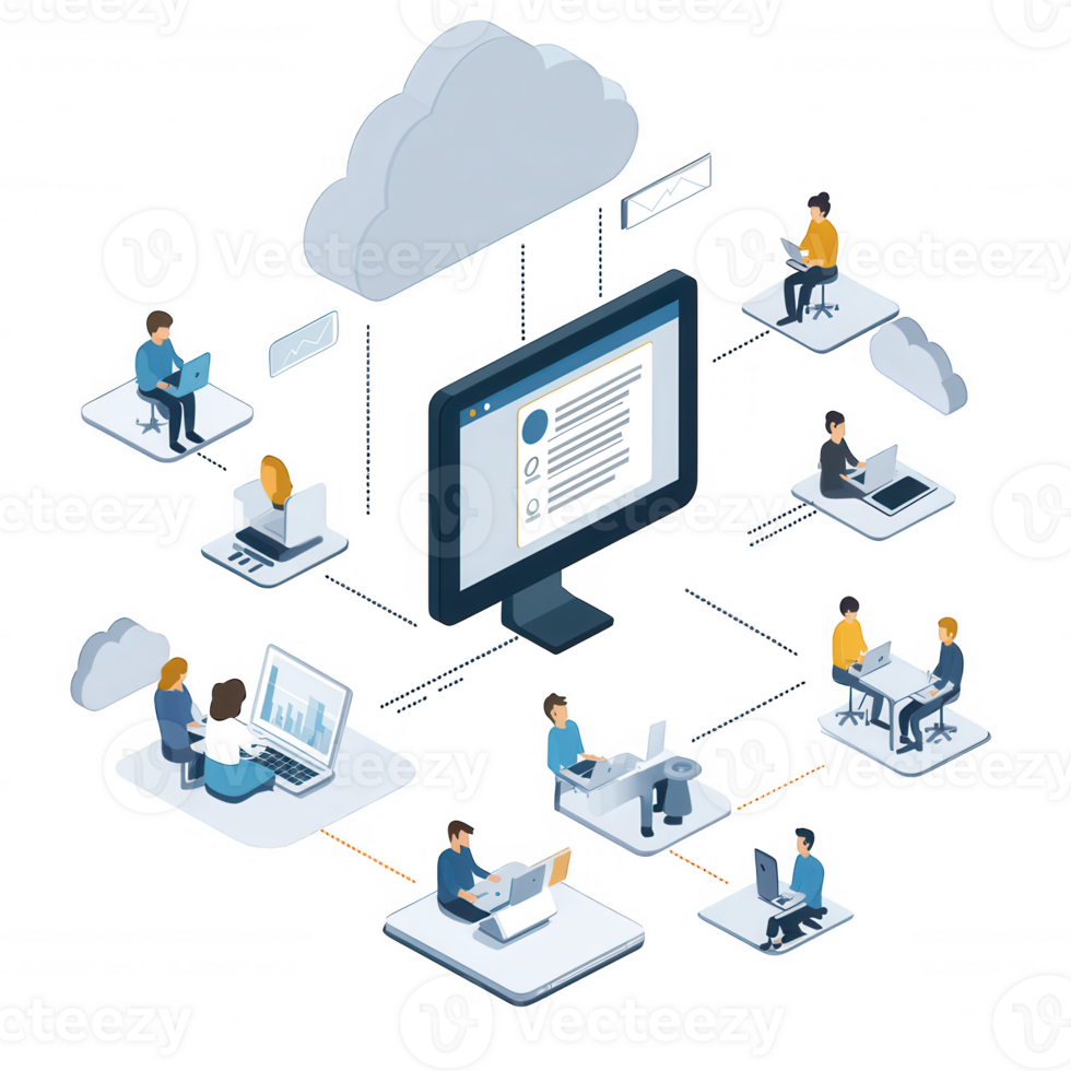Remote team collaboration via cloud software, showcasing diverse individuals working together on various devices, emphasizing teamwork and technology in digital workspace png