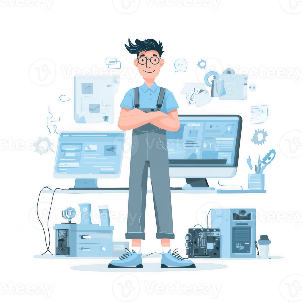 Confident IT technician character stands in front of computer setup, surrounded by various tech elements and tools, embodying essence of tech support and innovation png