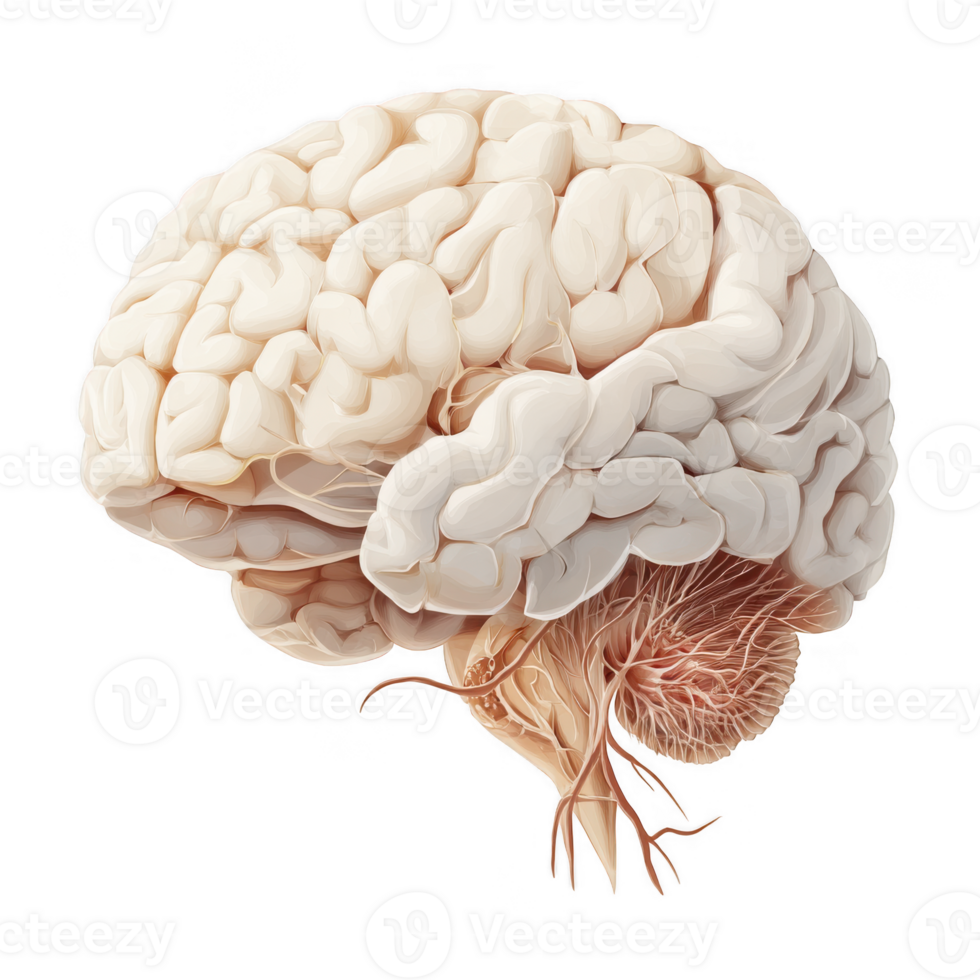 Detailed illustration of human brain showcasing its intricate structure and features. image highlights folds and grooves of brain, emphasizing its complexity and importance in nervous system png
