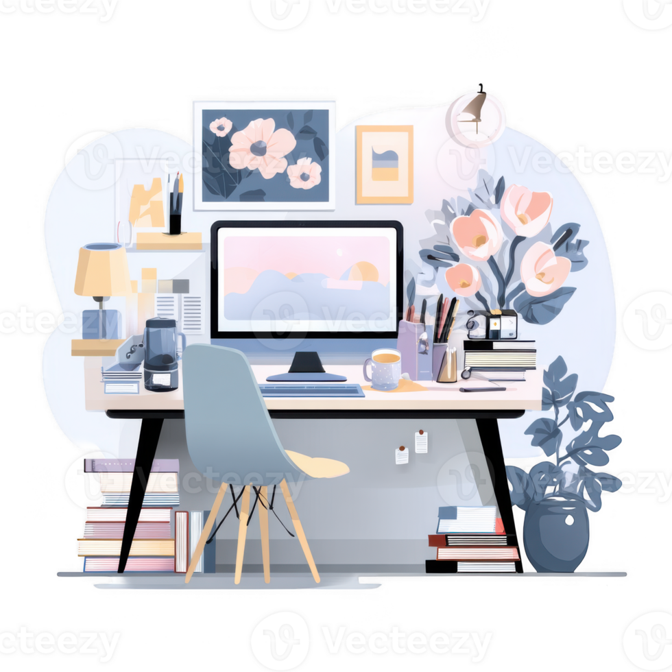 Modern workspace setup featuring stylish desk with computer, surrounded by books, plants, and decorative items. scene conveys sense of creativity and productivity, perfect for remote work png