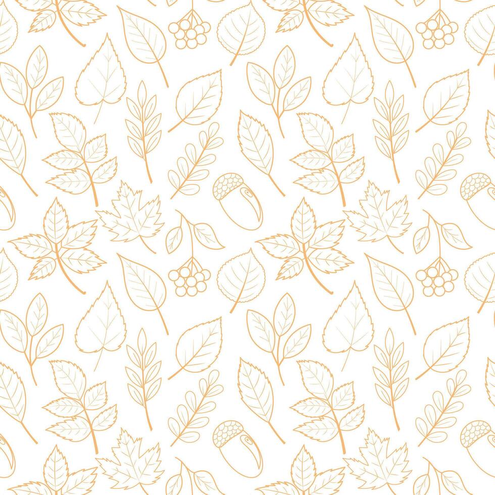 Seamless pattern with hand drawn autumn leaves, berries and acorns in an outline style. Collection of maple, oak, birch, rowan, chestnut. Pattern of foliage outline. vector