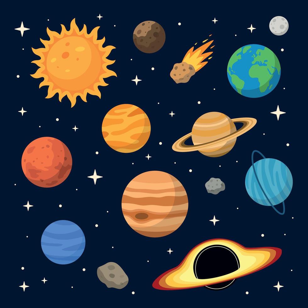 Set of planets, stars, asteroids, black hole and comets in space. Collection of celestial objects in cosmos vector