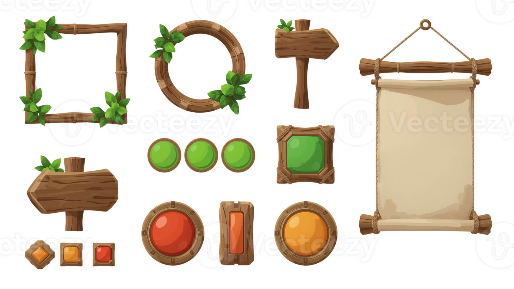 Stylized game user interface assets featuring wooden frames, signs, buttons, and a scroll with png