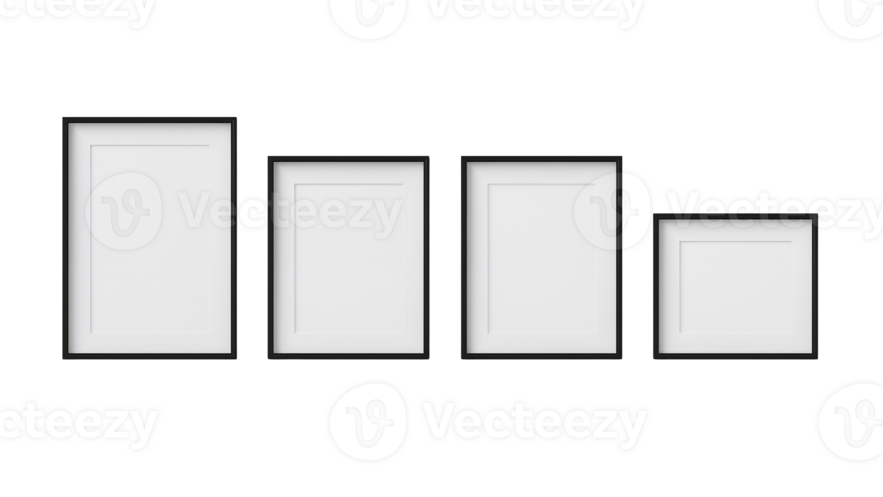 Modern array of black picture frames with passe-partouts on an isolated transparent background, png