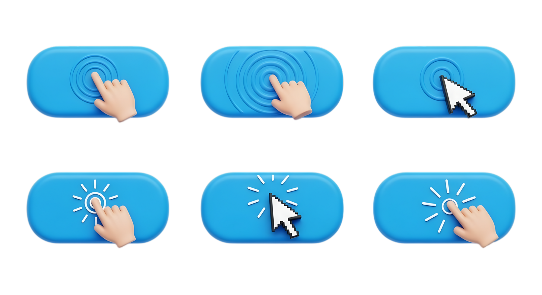 Six distinct blue buttons with touch or click interaction indicators isolated on a transparent background isolated on transparent background png