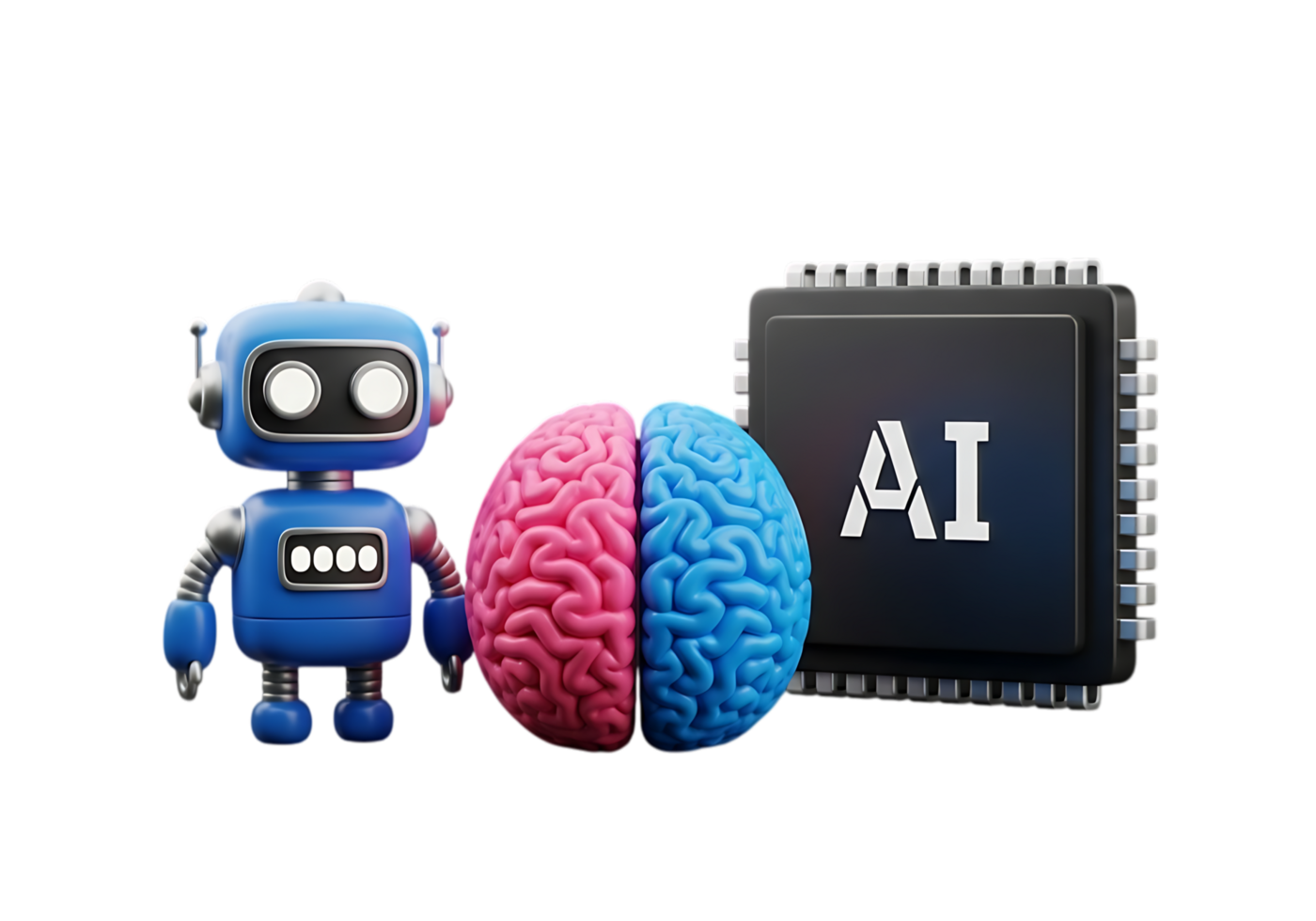 Futuristic robot and ai chip beside a split brain symbolizing artificial intelligence and technology isolated on transparent background png