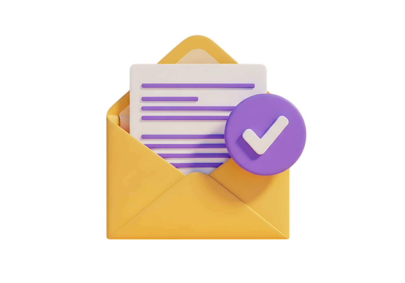 3d render of an open yellow envelope with a document and a purple checkmark icon isolated on transparent background png