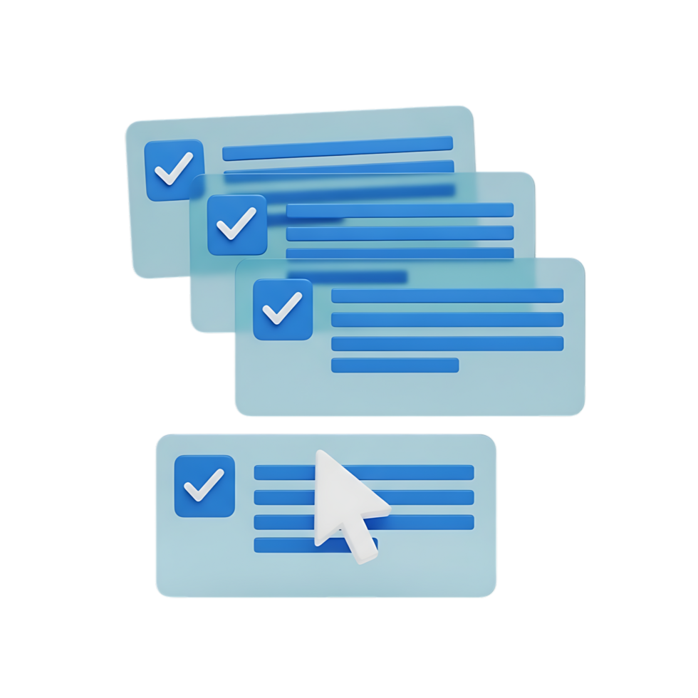 Digital checklist with checkboxes and cursor icon representing task completion and selection isolated on transparent background png