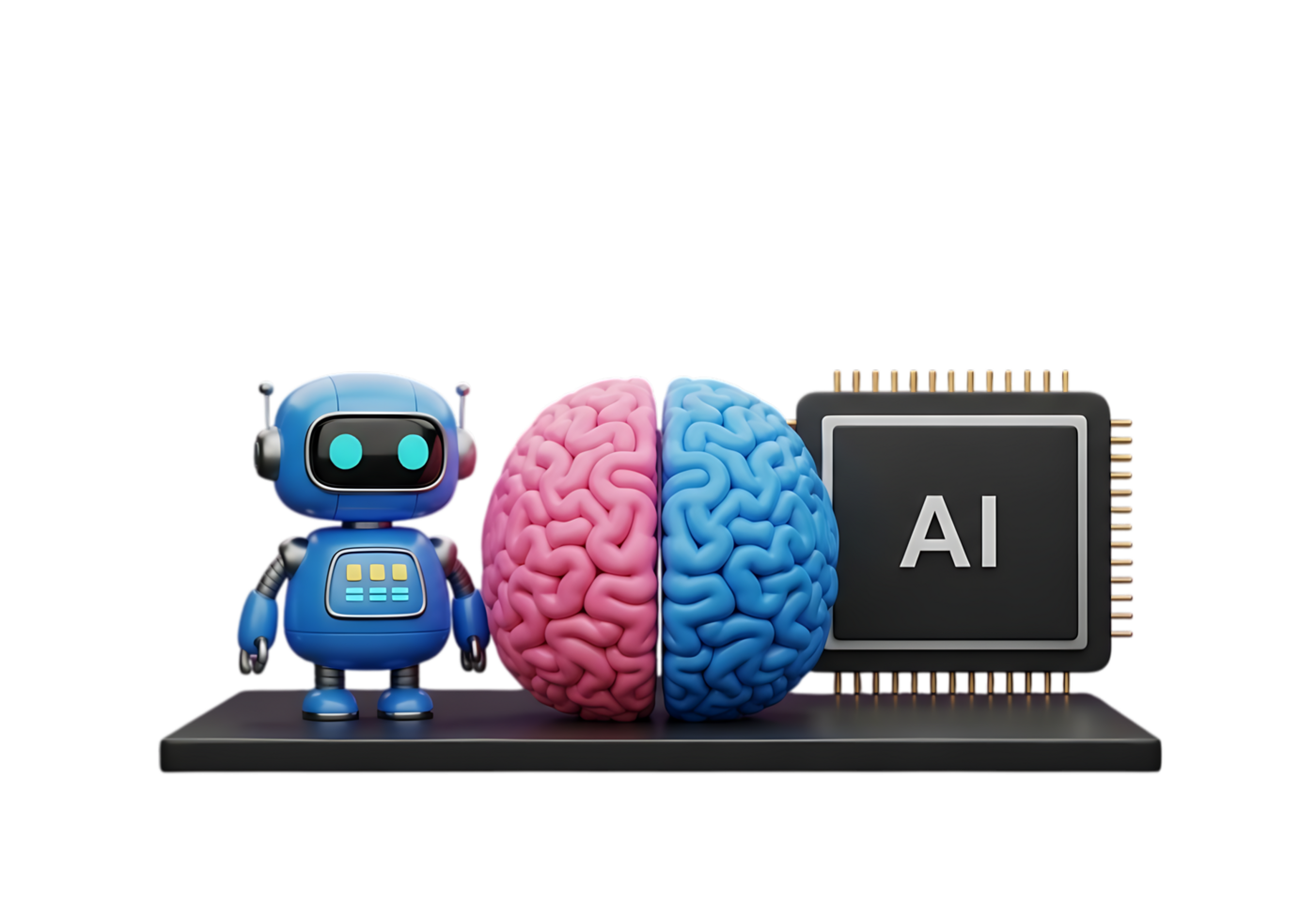 Futuristic ai robot and split brain concept next to a microchip with ai lettering isolated on transparent background png