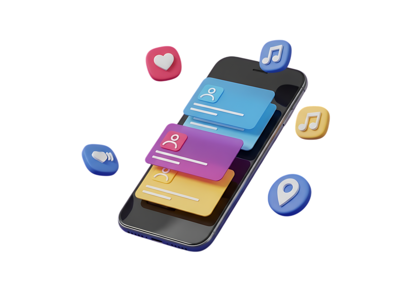 3d rendering of a smartphone displaying stacked credit cards with floating social media and location icons isolated on transparent background png
