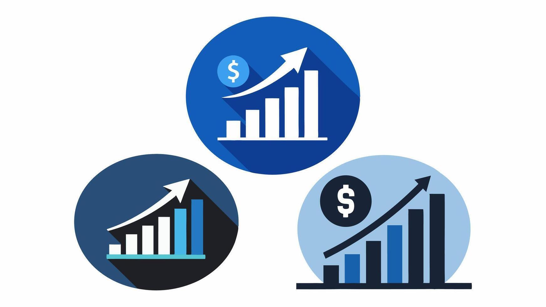 Flat Dollar Growth Chart Icons in Circular Blue Design Business Bar Graphs with Upward Arrows for Finance, Investment, Income, Data Metrics, and Economic Success on White Background vector