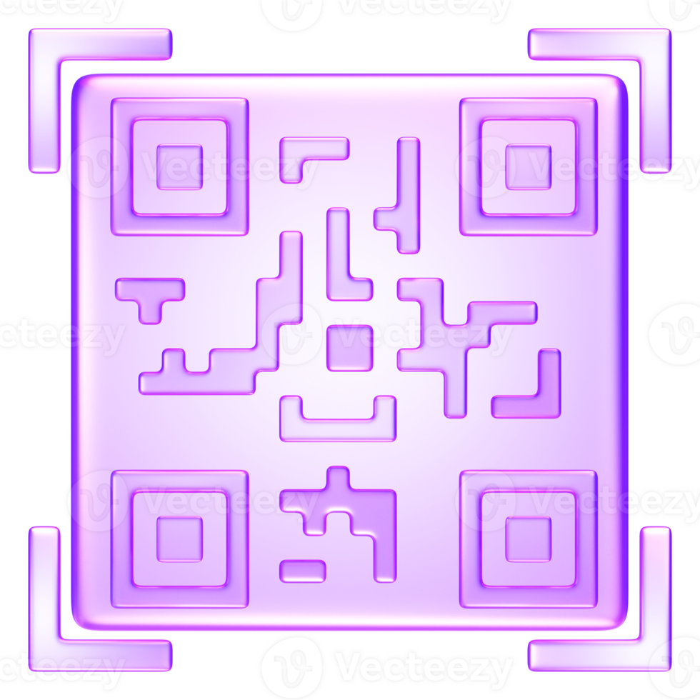 3D transparent QR code symbol in purple gradient, representing quick response scan, barcode, digital access, or mobile payment png