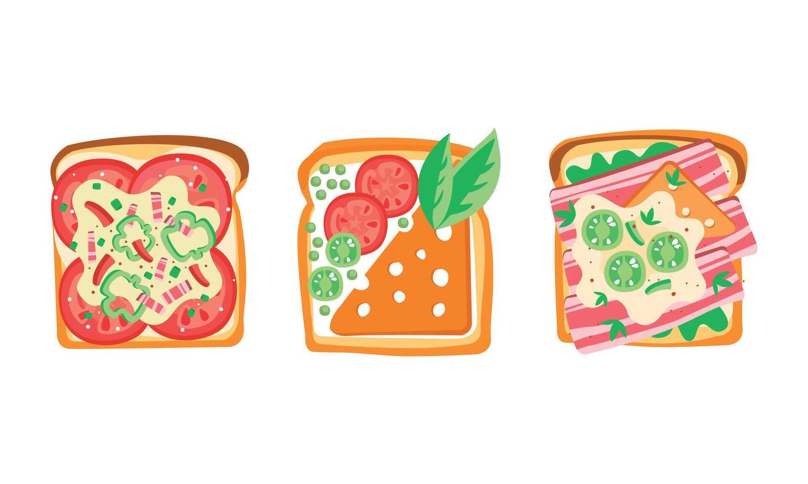Set of Toast Bread with Different Healthy Toppings, Sandwiches with Tomato, Cheese, Bacon and Cucumber Top View Flat Illustration vector
