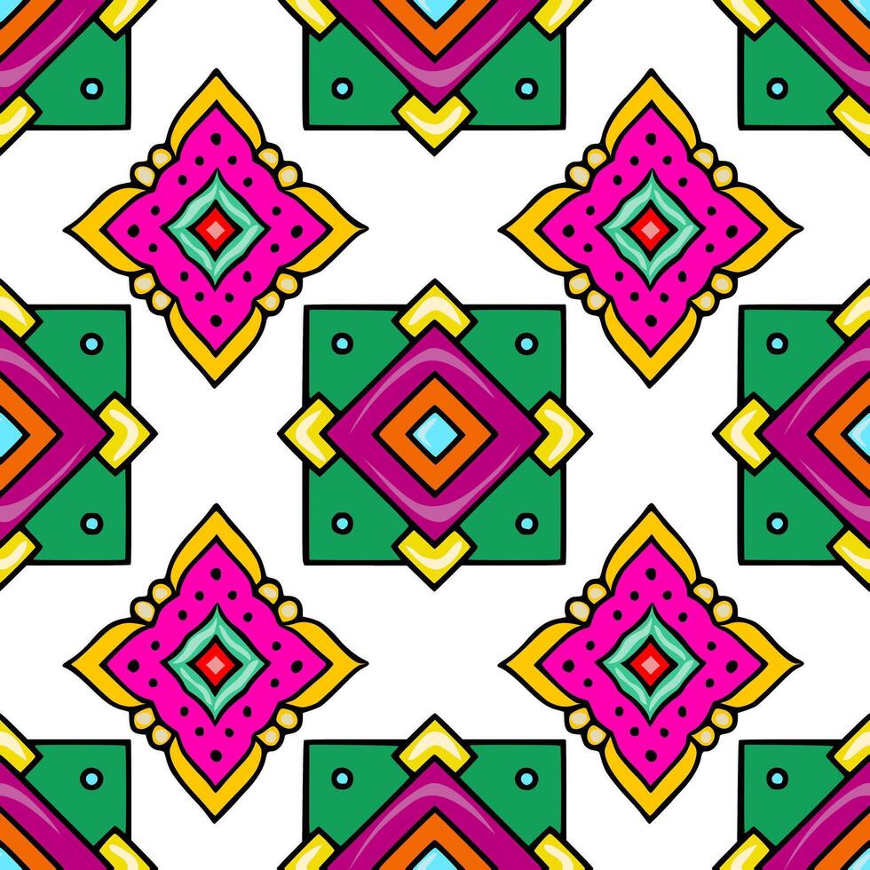 Seamless pattern with vibrant geometric shapes and floral elements, featuring a unique blend of bold fuchsia, emerald green, and sunny yellow hues, creating an energetic and playful design i... vector