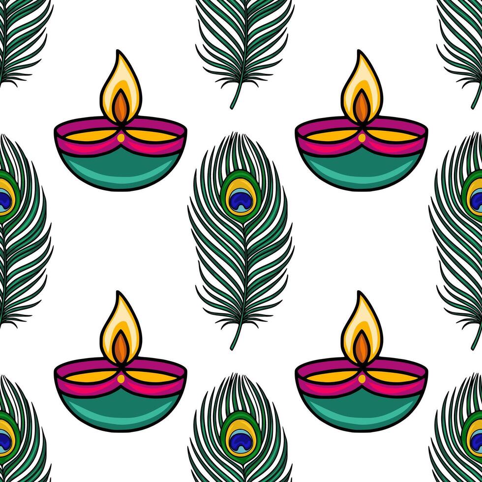 Seamless pattern featuring vibrant teal diyas with flaming wicks and detailed peacock feathers, creating a festive and exotic design ideal for textiles or prints. vector