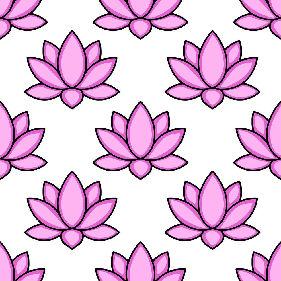 Seamless pattern of stylized pink lotus flowers with bold black outlines, creating a clean and modern design ideal for various applications. vector
