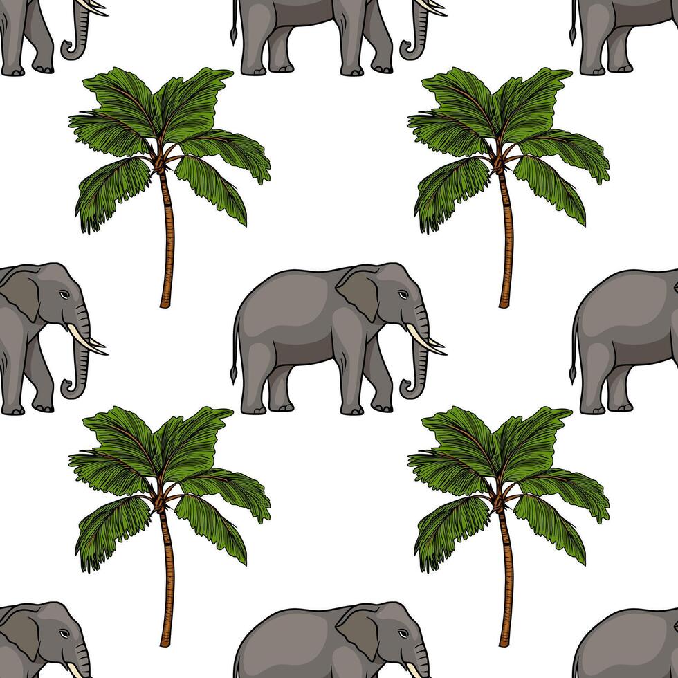 Seamless pattern featuring grey elephants and lush green palm trees, creating a vibrant tropical jungle design. vector