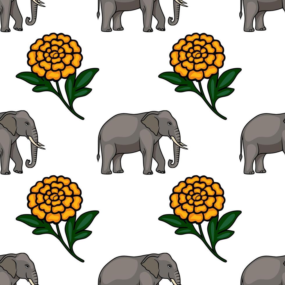 Seamless pattern featuring stylized elephants and marigolds, creating a vibrant and exotic design ideal for textile prints or decorative backgrounds. vector