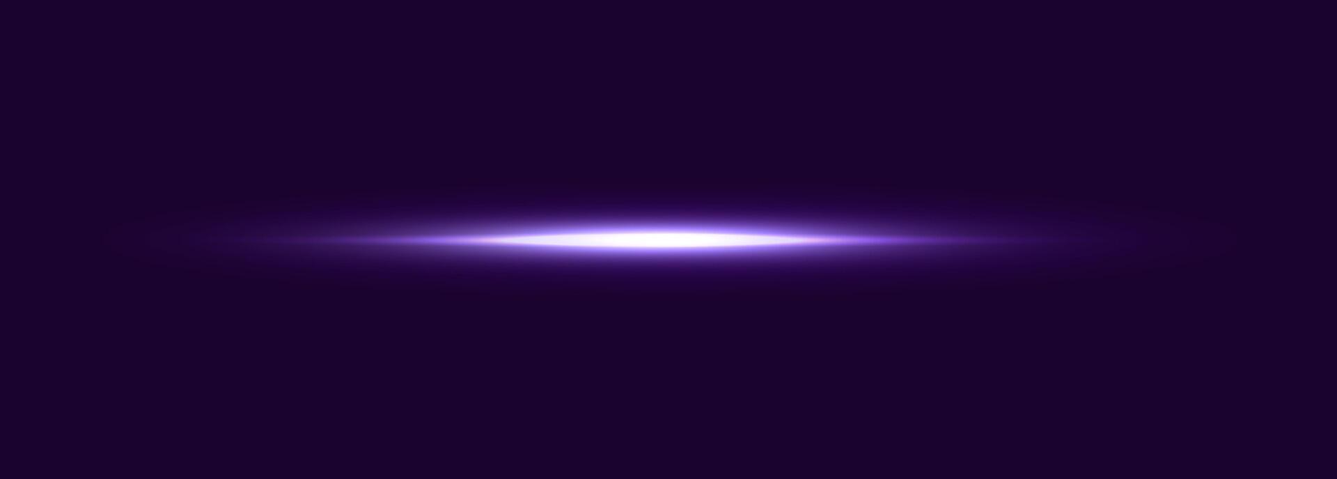 Flare line purple neon light glow gradient laser beam lens flash on dark space background for tech UI, digital BG, stage lighting, cosmic fantasy element. Isolated illustration vector