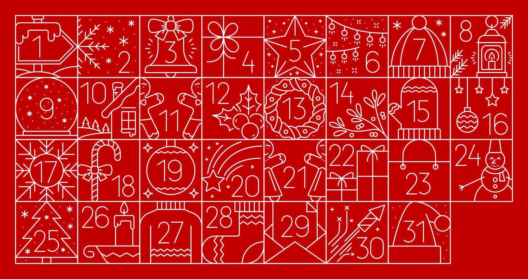 Winter advent calendar with 31 red line art blocks vector