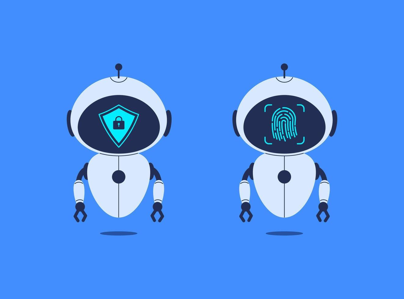 Robots presenting fingerprint and shield with lock icon for data protection. illustration for cybersecurity, online privacy, secure AI systems vector