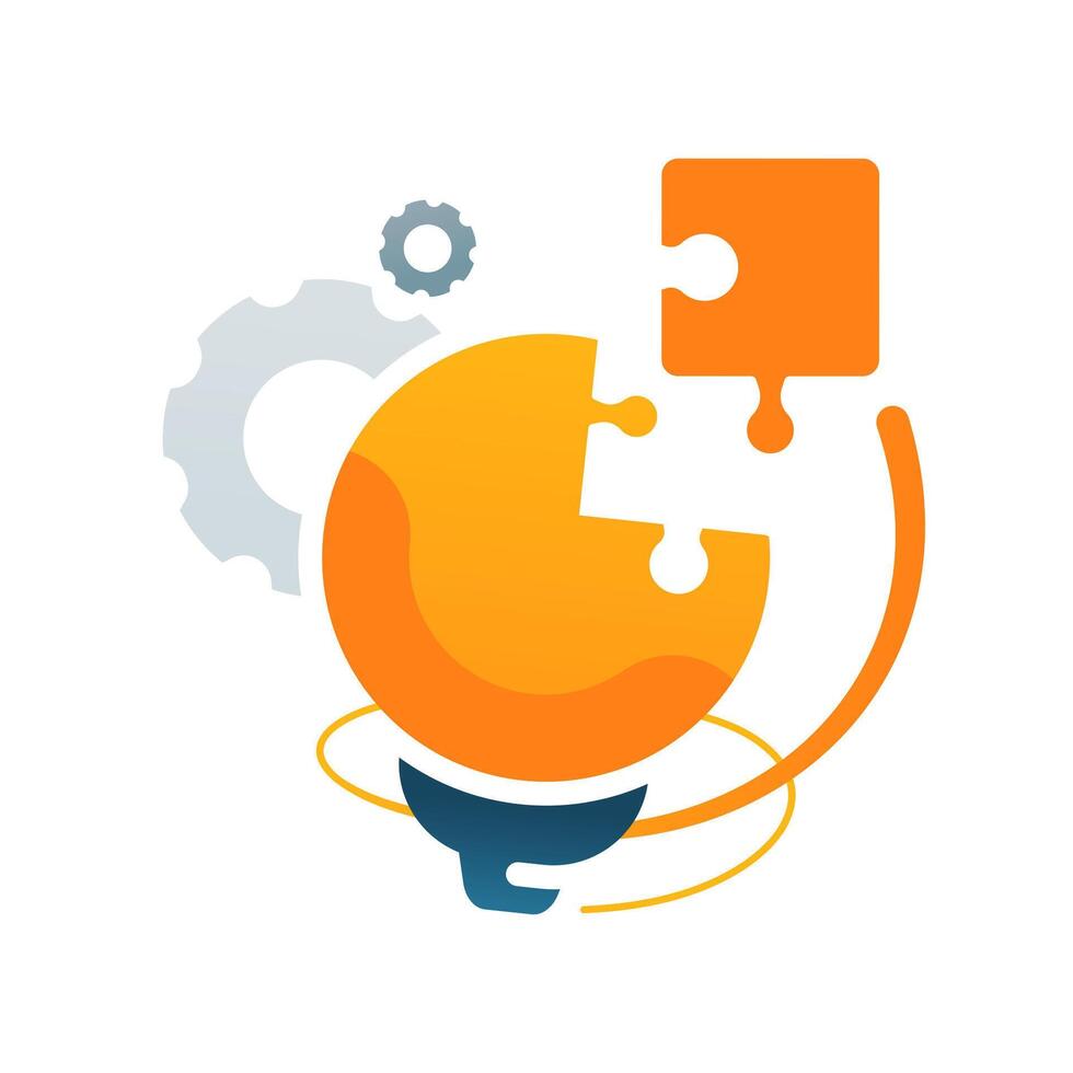 illustration of puzzle piece, light bulb, gear. creative problem solving, innovation process, systematic thinking. for business presentations, educational content, project planning, brainstorming vector