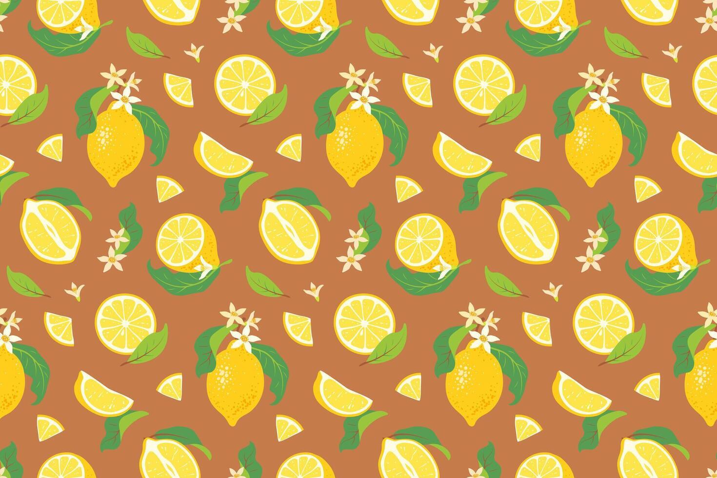 Colorful lemon pattern with leaves and flowers. vector