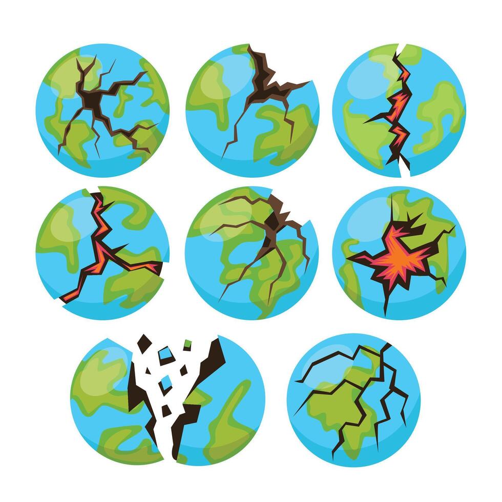 Set of broken globe collection, broken earth with cracks cartoon, holes and fissures in concrete, destructed fractured wall. Broken surface templates set. Deep splits and crevices. illustration vector