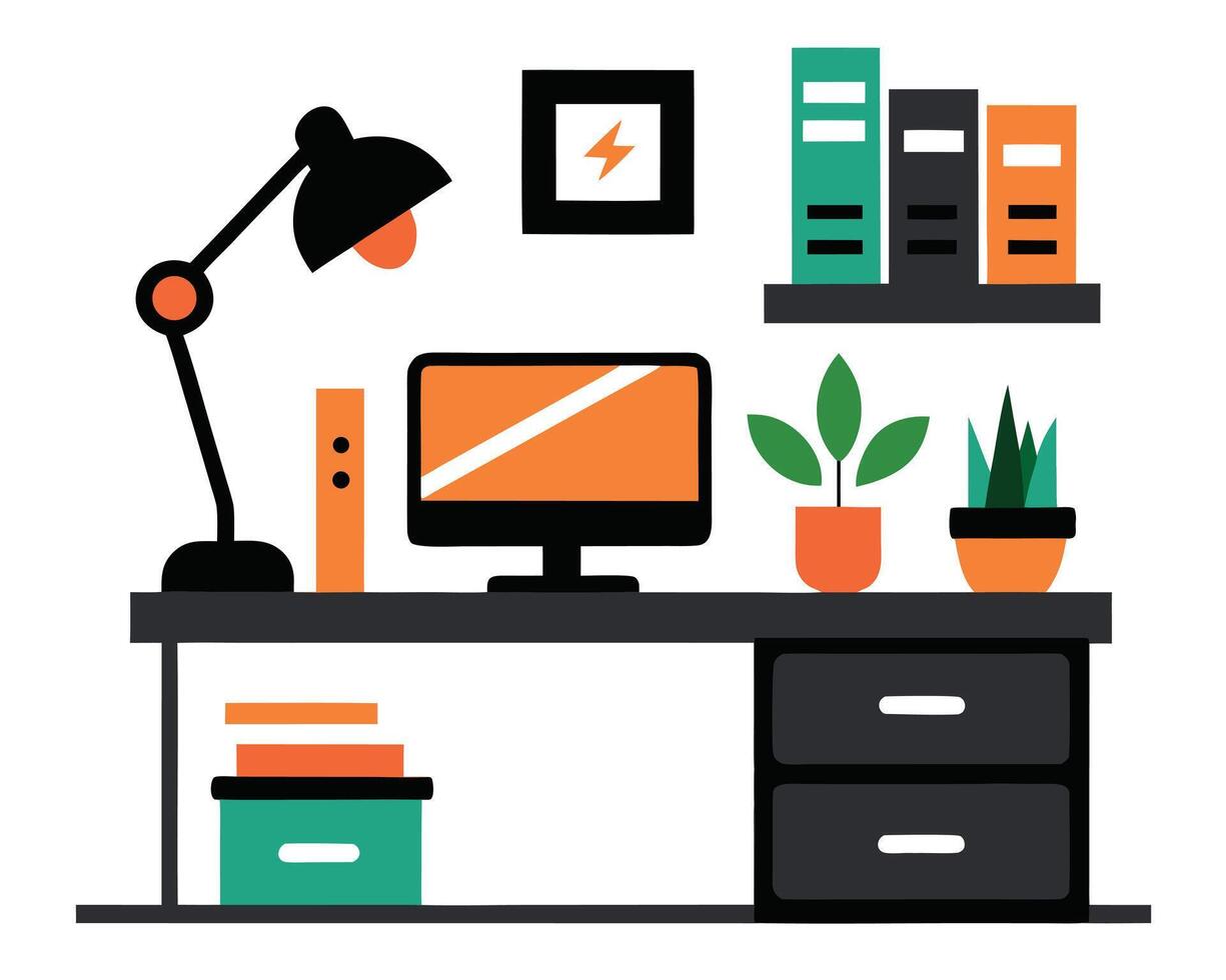 Modern home office workspace illustration featuring computer desk with lamp and decorative elements vector
