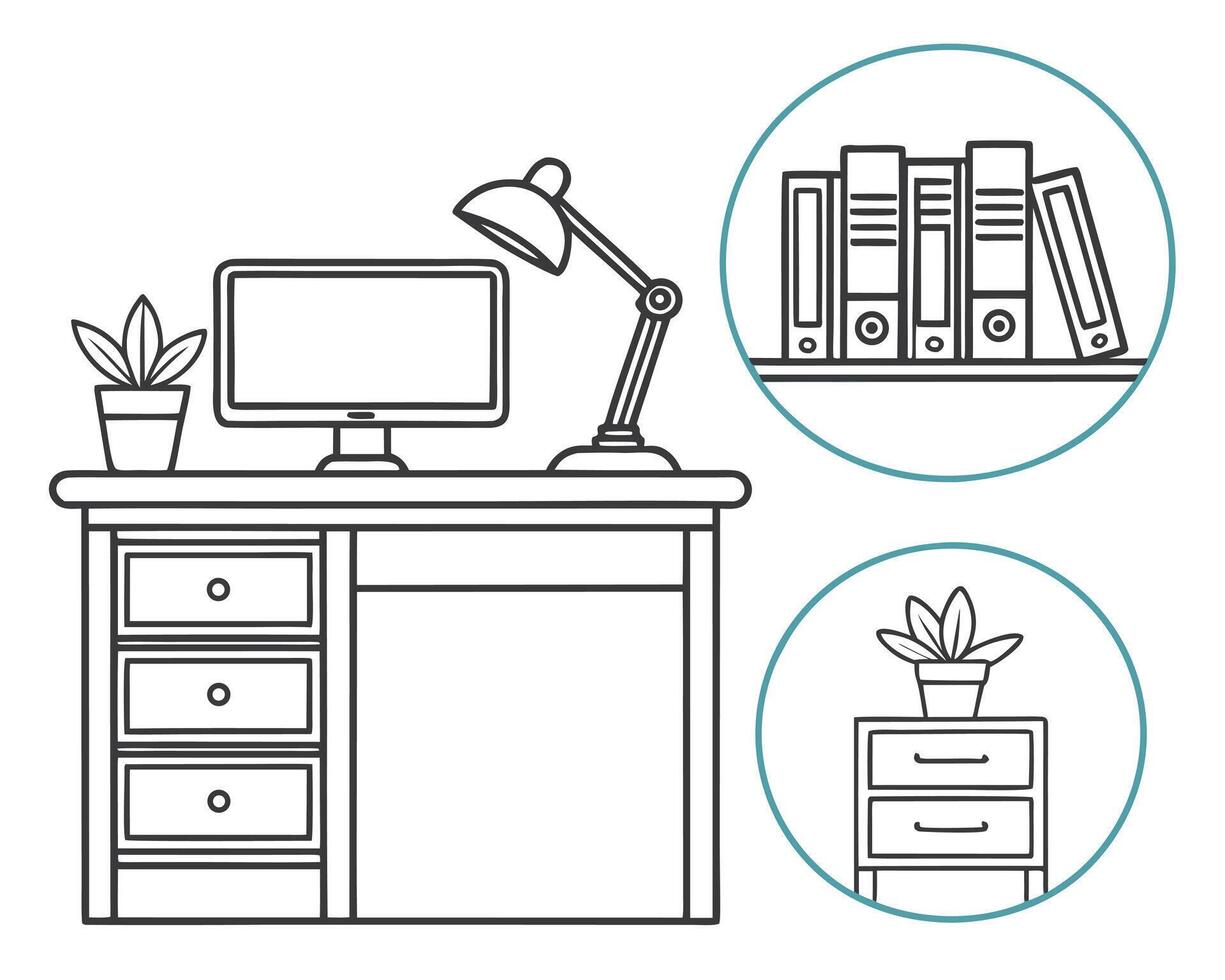 Monochrome desk setup with computer lamp plant and additional office elements illustration vector