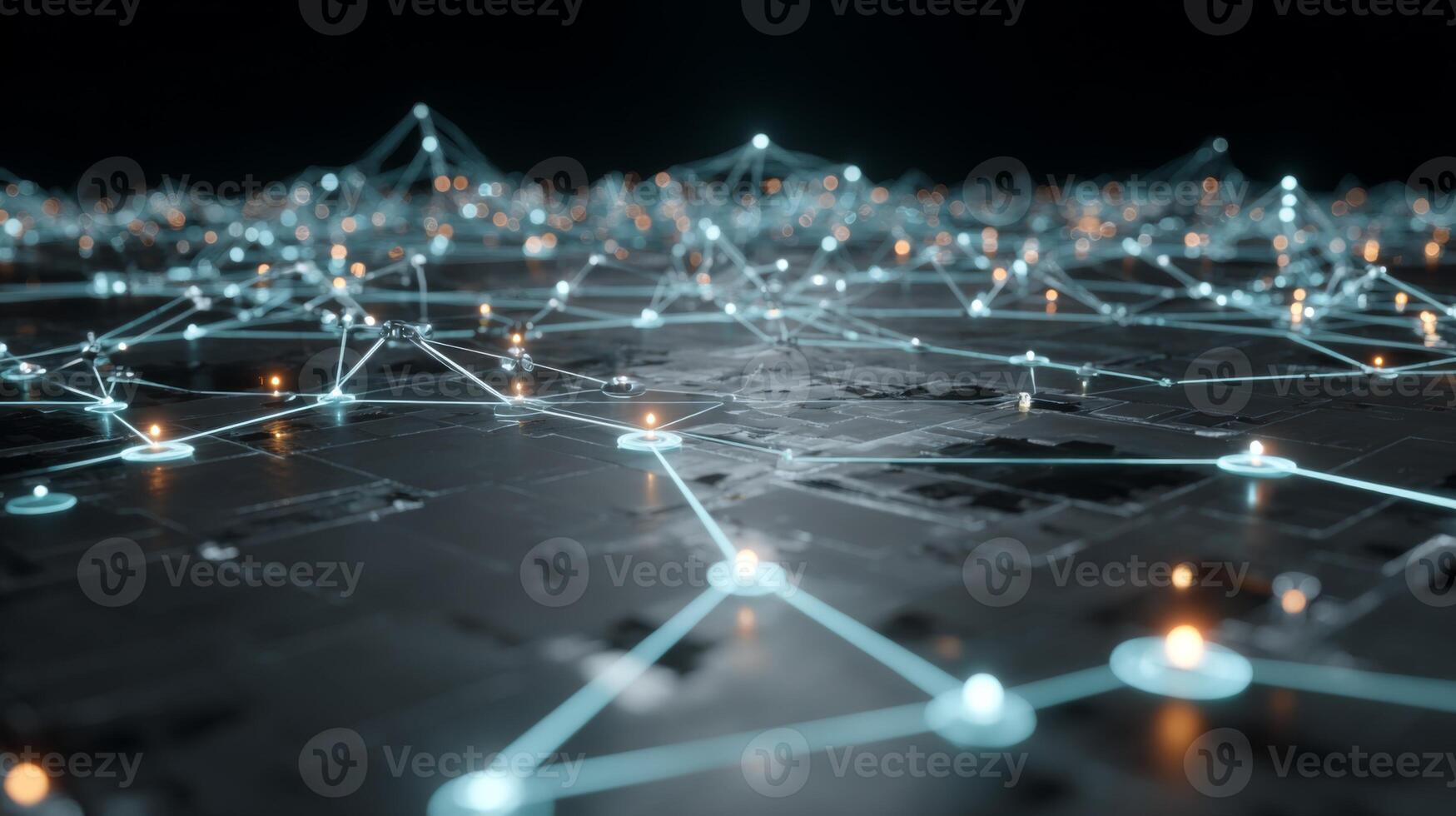 Futuristic Digital Network with Illuminated Nodes Connecting Through Wireframe Structure on Dark Background photo