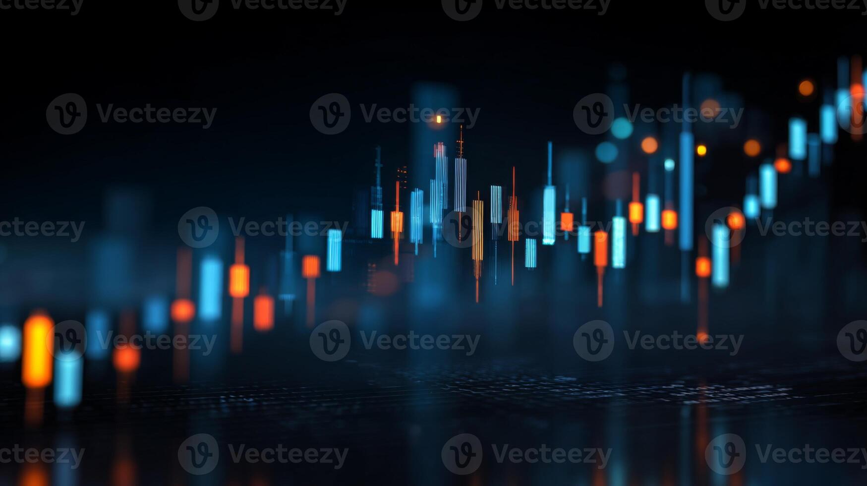 Abstract financial data visualization with vibrant colored candles and digital elements creating a dynamic market trend representation photo