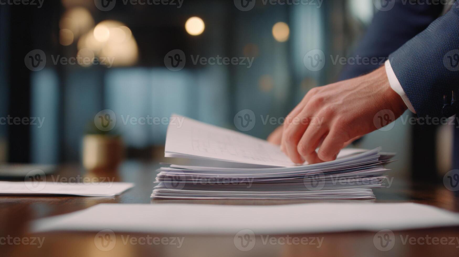 Business Professional Sorting Stack of Documents in Office Setting with Soft Focus and Modern Decor Elements photo
