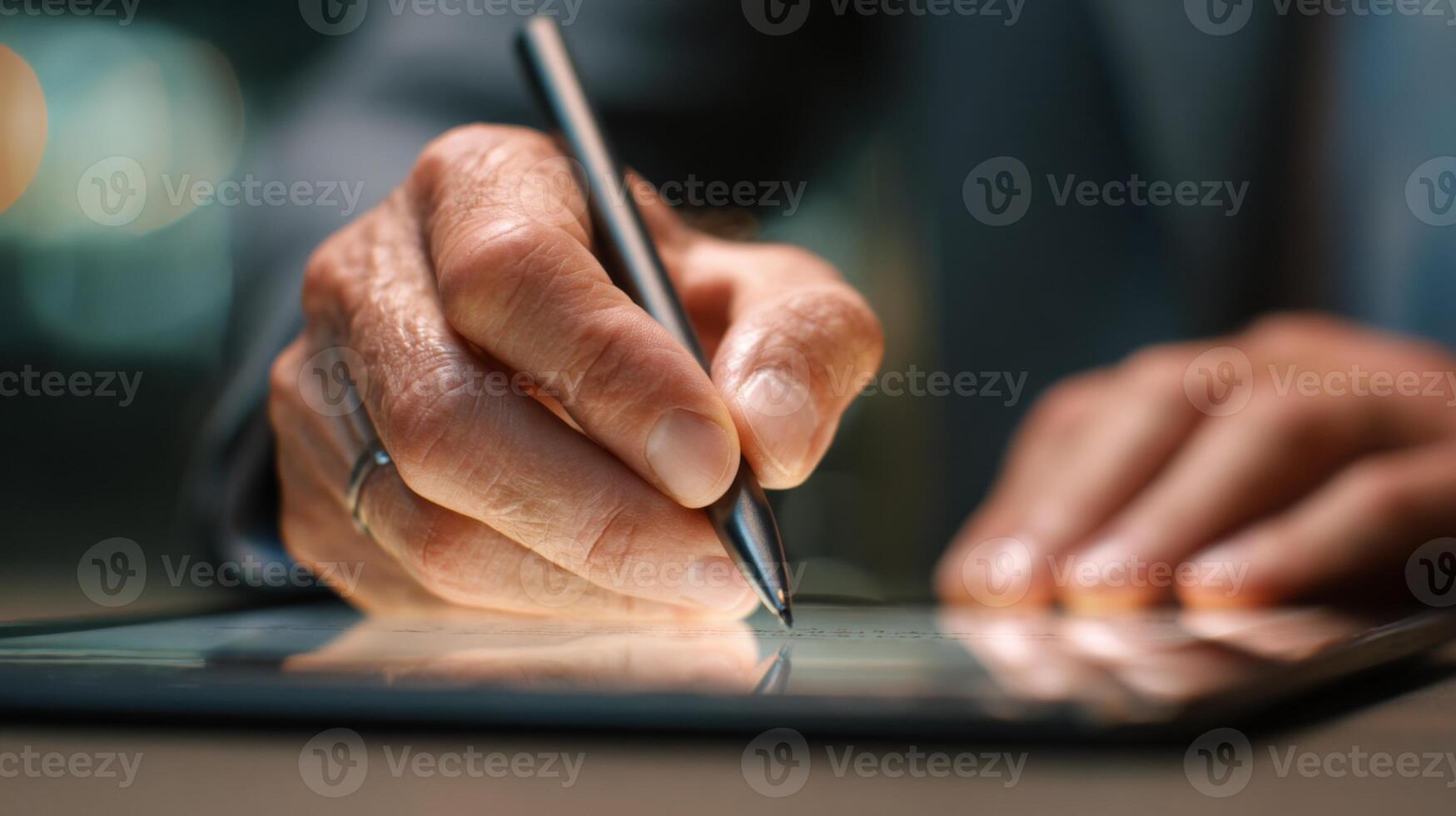 Business Professional Using Stylus to Make Digital Notes on Tablet in Modern Office Environment with Soft Lighting photo